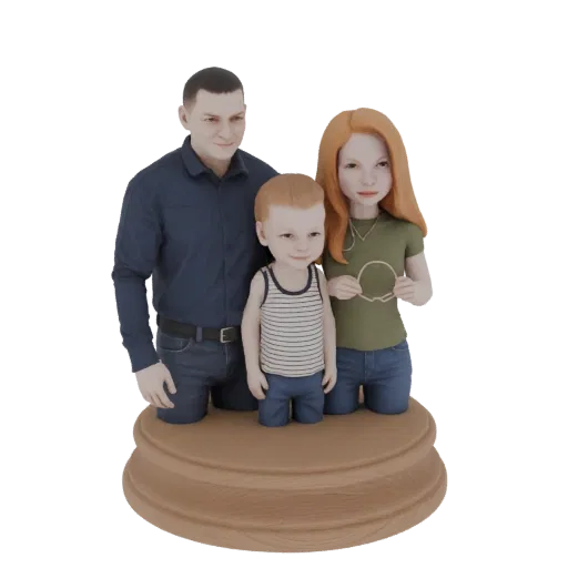 3D model of a father, mother, and child family group standing on a wooden base.
