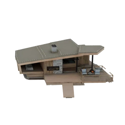 3D model of a modern wooden cabin with a sloped roof, stone fireplace, and an outdoor deck with seating.