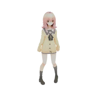3D model of an anime schoolgirl with pink hair, wearing a yellow cardigan, white shirt, and pleated skirt, standing on a whit