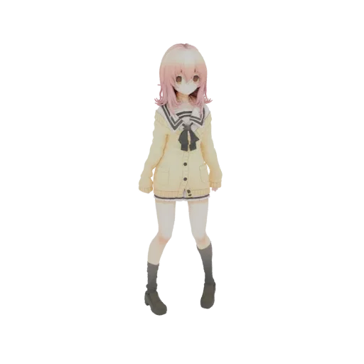 3D model of an anime schoolgirl with pink hair, wearing a yellow cardigan, white shirt, and pleated skirt, standing on a whit