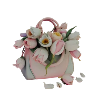 3D model of a pink handbag filled with a bouquet of pink and white tulips, with scattered petals at the base.