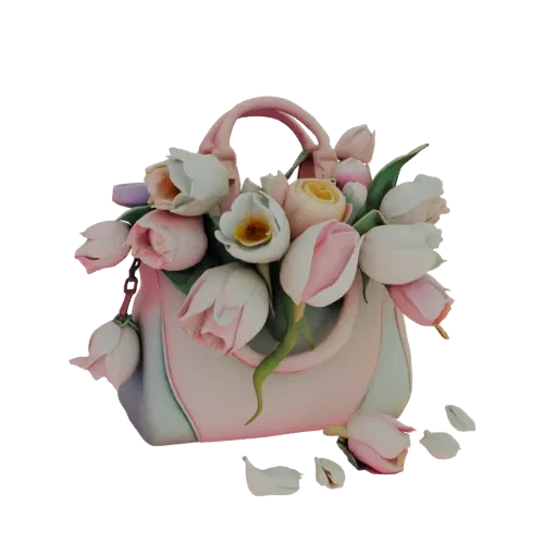3D-Modell einer rosa Handtasche gefüllt mit einem Strauß rosa und weißer Tulpen, mit verstreuten Blütenblättern am Sockel.
