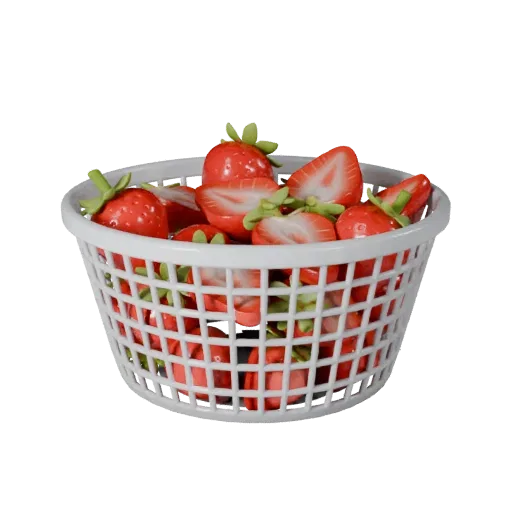 Sliced Strawberry Basket Stylized 3D model, stylized isometric render, showing skin pores, recognizable fruit forms.