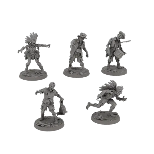 A collection of five grey 3D models of zombies in various poses, including one with a headdress, one with a drum, one running, and two others.