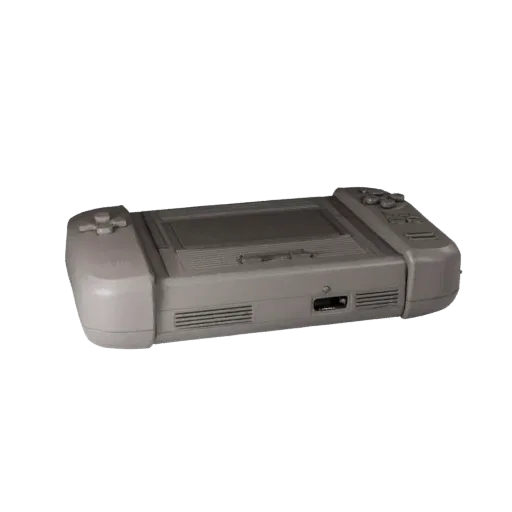 Retro Game Console Realistic 3D model, three-quarter studio render, showing matte plastic, console proportions.