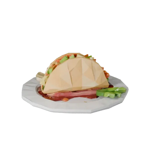 Gourmet Taco Platter Low Poly 3D model, game viewport three-quarter view, showing sauces, plated composition.