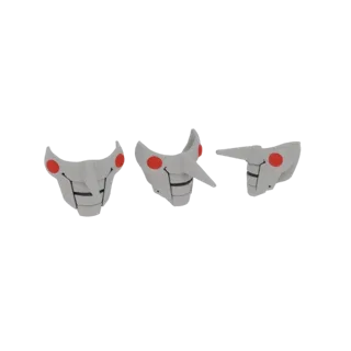 Ein 3D-Render von drei stilisierten weißen Masken mit roten Augen, aus verschiedenen Blickwinkeln betrachtet, vor einem weiße
