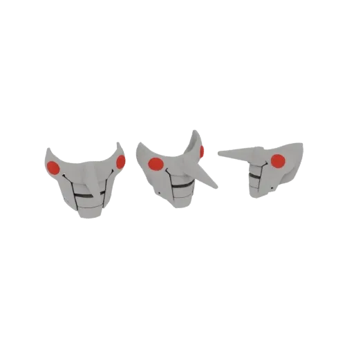 A 3D render of three stylized white masks with red eyes, viewed from different angles, against a white background.