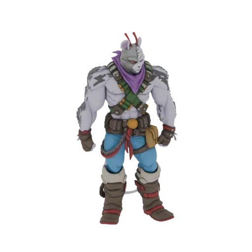 3D model of a muscular anthropomorphic feline warrior wearing a purple bandana, green bandolier, and blue pants, standing in