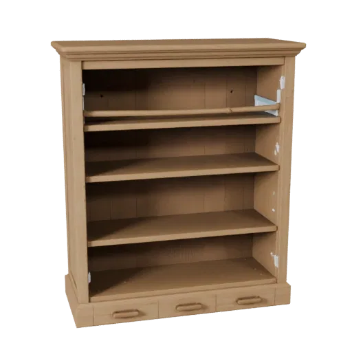Shaker Bookshelf Realistic 3D model, dining room, three-quarter studio render, painted wood detail.