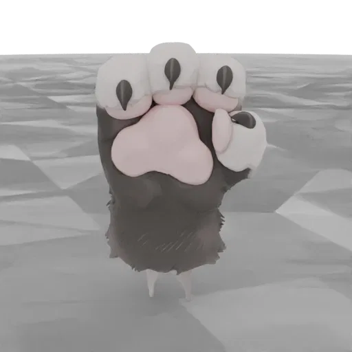 A 3D render of a fluffy, dark-furred animal paw with a prominent pink sole pad and sharp, dark claws, set against a neutral,