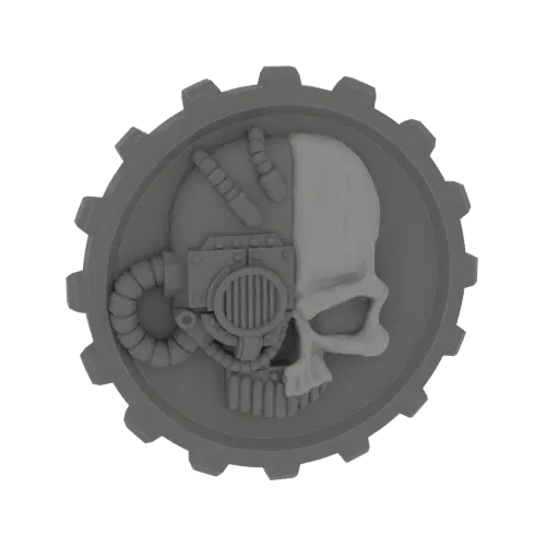 Rendering 3D di un emblema teschio cibernetico con impianti meccanici e bordo a ingranaggio