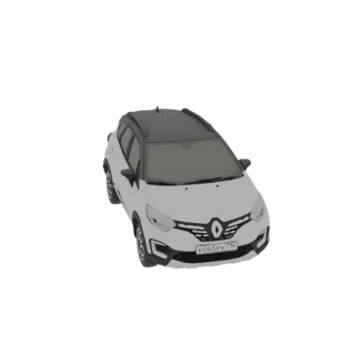 Modelo 3D de um SUV crossover Renault Captur branco com teto preto, visto de um ângulo frontal esquerdo ligeiramente elevado.