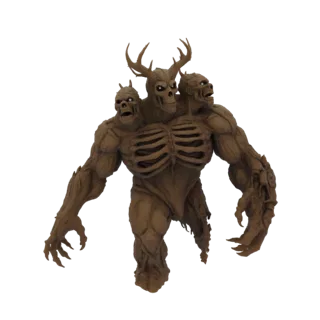 Modèle 3D d'une redoutable bête démoniaque à trois têtes avec des caractéristiques squelettiques et de grandes cornes, rendu