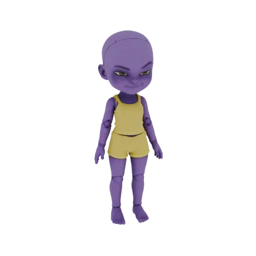 3D model of a purple anime girl with a sly expression, wearing a yellow tank top and shorts, standing against a black backgro