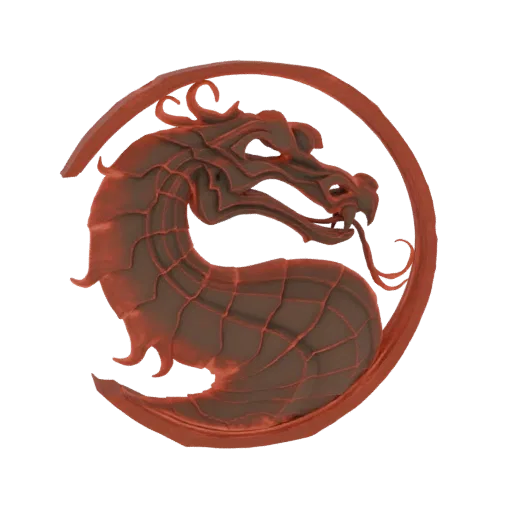 3D model render of the iconic Mortal Kombat dragon logo, featuring a fierce dragon head within a circular emblem, presented i