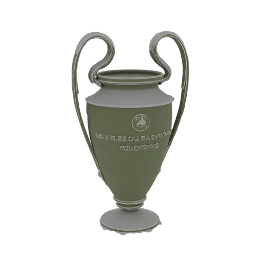 3D model of the Champions League trophy, a silver cup with two handles, on a black background.