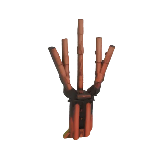 A 3D render of a hand sculpture made from bamboo stalks, with fingers extended.