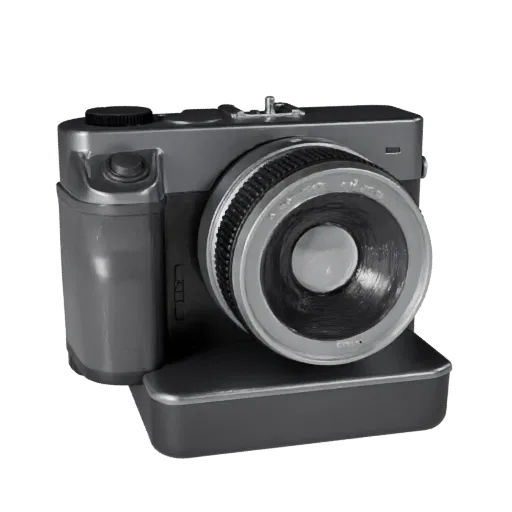 Vintage Instant Camera Product Viz 3D model, three-quarter studio product render, showing textured grips, lens barrels.