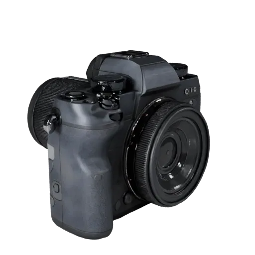 Mirrorless Video Camera High Poly 3D model, close-up studio render, showing textured grips, lens barrels.