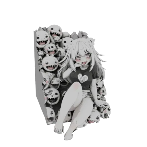 3D model of a cute anime girl with white hair and pink eyes, sitting on a pile of grinning, stylized monsters in grayscale.