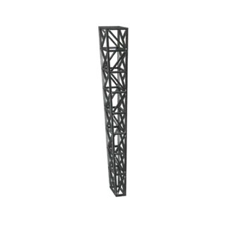 Modèle 3D d'une tour à treillis conique avec une finition métallique sombre, montrant sa structure géométrique en treillis co