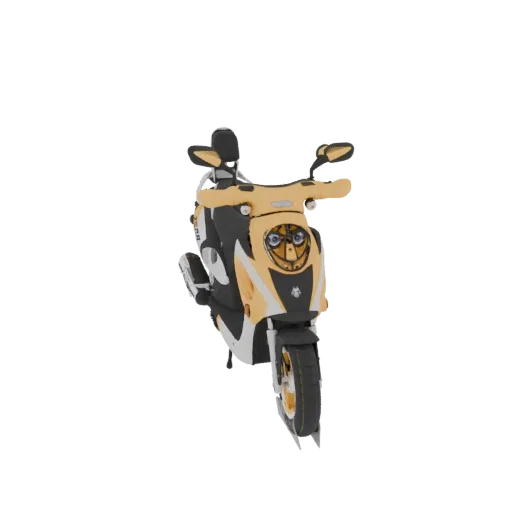 3D model of a yellow and black electric scooter with a sleek, modern design, shown from a front-facing angle.