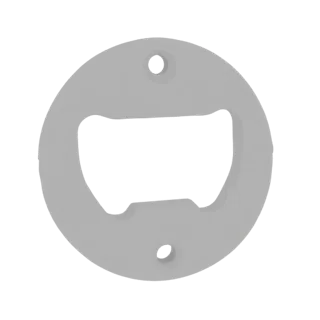 Un rendering 3D di un apribottiglie circolare minimalista, grigio chiaro, con un ritaglio per i tappi e due piccoli fori per