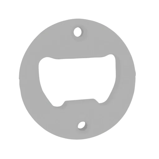 A 3D render of a minimalist, light gray circular bottle opener with a cutout for caps and two small holes for mounting.