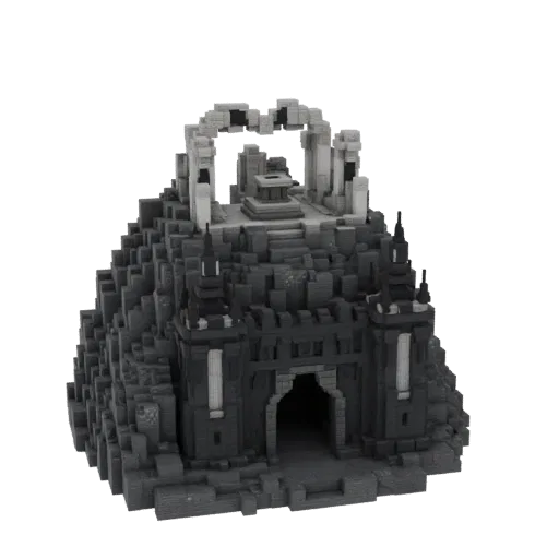 Grayscale 3D model of an ancient stone fortress entrance with a large archway and tiered rocky base.