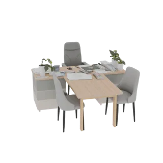 3D-Modell eines modernen Chef-Büroschreibtischs mit zwei grauen Stühlen und zwei Topfpflanzen.