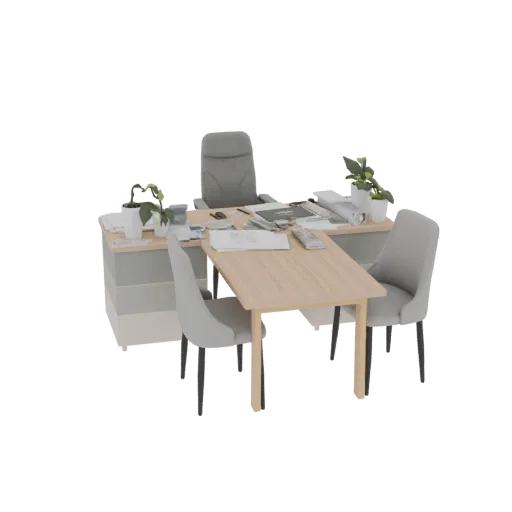 Modello 3D di una scrivania direzionale moderna con due sedie grigie e due piante in vaso.