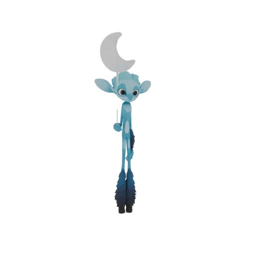 3D model of a slender, blue, alien-like creature with large eyes, holding a white crescent moon above its head.