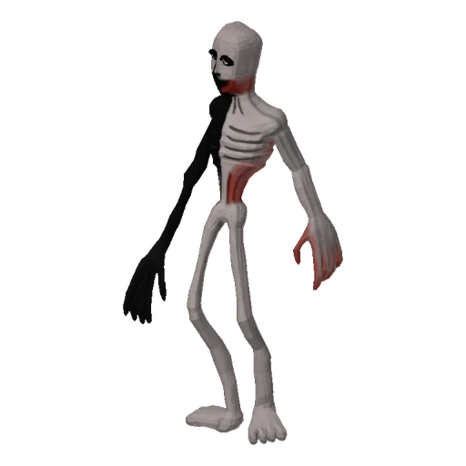 3D model of a humanoid creature with one side black and the other white, showing exposed red muscle on one arm.