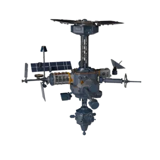 Modèle 3D Station de relais de navigation, vue trois-quarts avant, viewport Unreal Engine, montrant panneaux solaires, détail