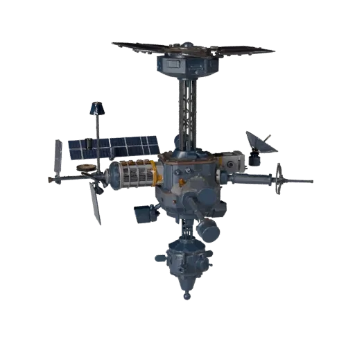 Modelo 3D Estación de Retransmisión de Navegación, vista frontal tres cuartos, viewport de Unreal Engine, mostrando paneles s