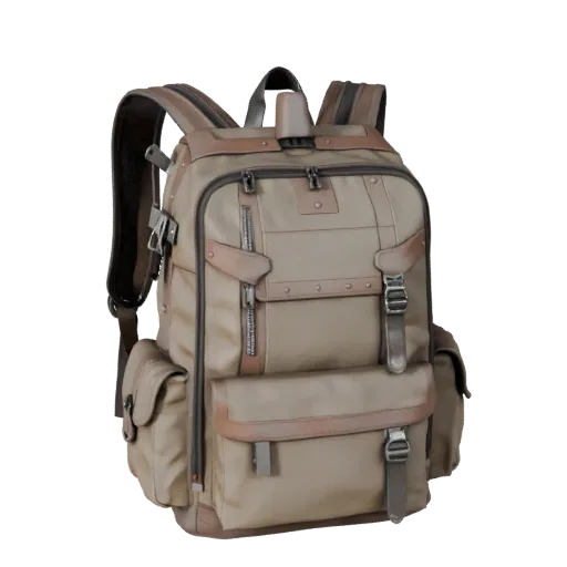 Utility Backpack 3D model, three-quarter front view, AR viewer studio render, showing leather, bag volume.