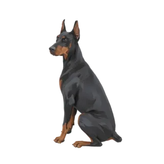 3D model of a black and tan Doberman Pinscher sitting alertly, viewed from the side.