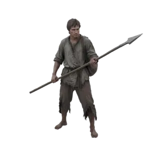 3D model of a peasant man in tattered clothes holding a spear, looking to the side with a determined expression.