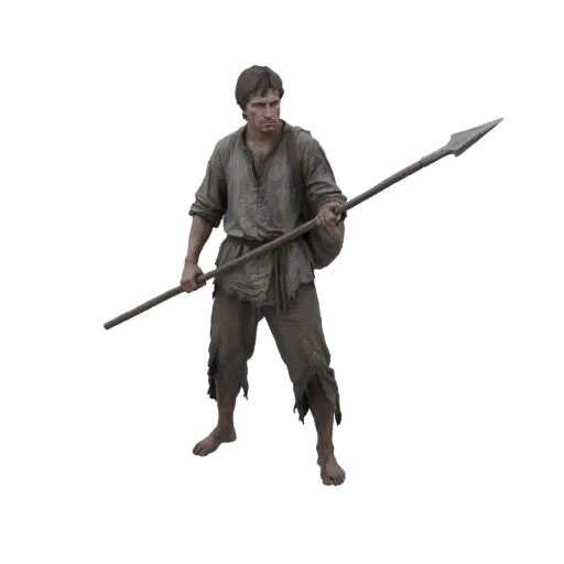3D model of a peasant man in tattered clothes holding a spear, looking to the side with a determined expression.