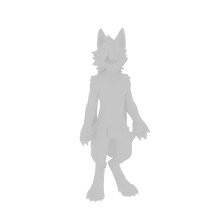 Uma renderização 3D de um personagem lobo antropomórfico cinza sem textura, em pé com os braços ligeiramente ao lado.