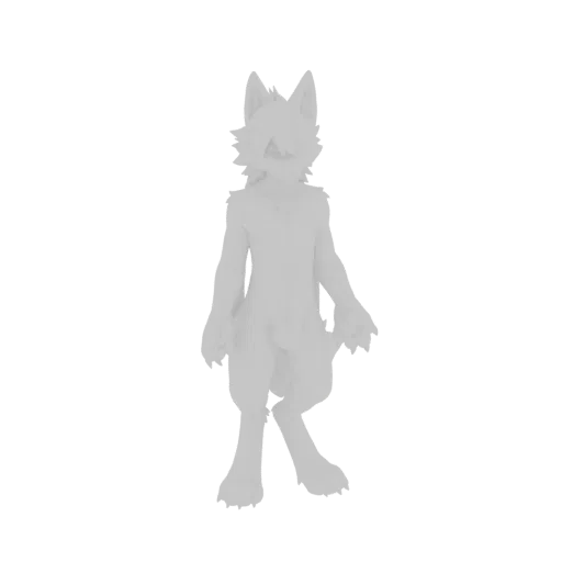 Ein 3D-Render eines grauen, untexturierten Anthro-Wolfs, der aufrecht steht, die Arme leicht seitlich.
