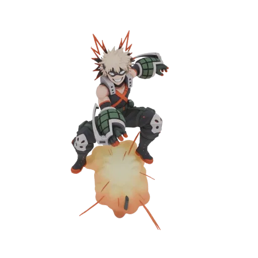 3D model of Katsuki Bakugo in a dynamic pose, launching an explosion with fiery effects.