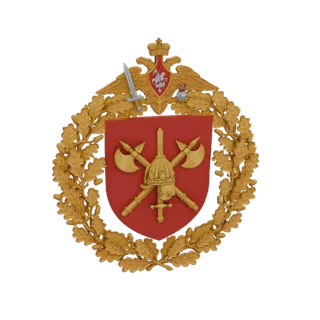3D model of the Russian military emblem, featuring a golden oak wreath, red shield with crossed axes and sword, and a crowned