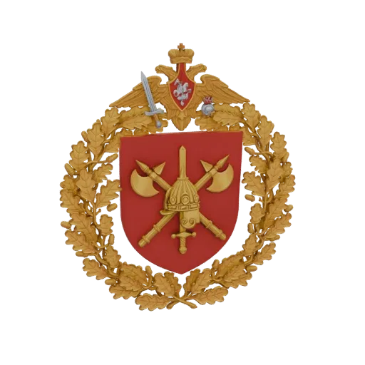 3D model of the Russian military emblem, featuring a golden oak wreath, red shield with crossed axes and sword, and a crowned