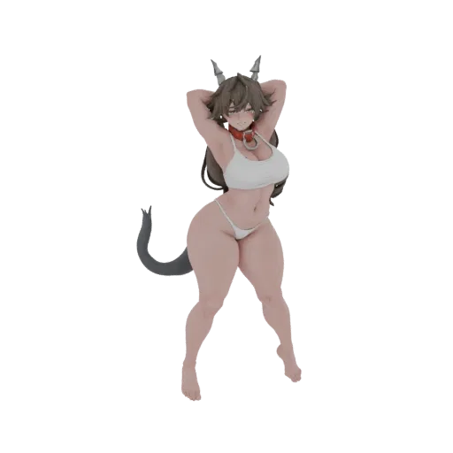3D model of an anime neko girl with brown hair, cat ears, and tail, wearing a white bikini and red collar, in a playful pose.