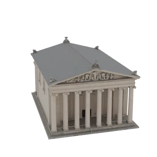 3D model of a Neoclassical temple with Doric columns and a sculpted pediment, set against a white background.