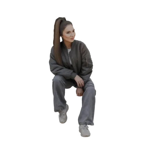 3D model of a young woman with a high ponytail, wearing a bomber jacket and jeans, sitting and looking to the side.