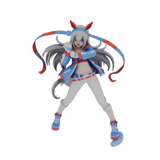 3D model of an anime girl in a blue and red athletic outfit, striking a dynamic pose with her arms raised and a cheerful expr