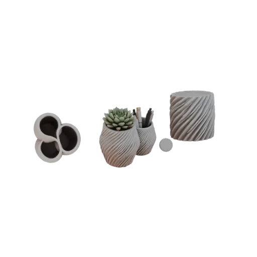 A 3D render of a modern desk set including a planter with a succulent and a pen holder, both featuring a textured swirl desig